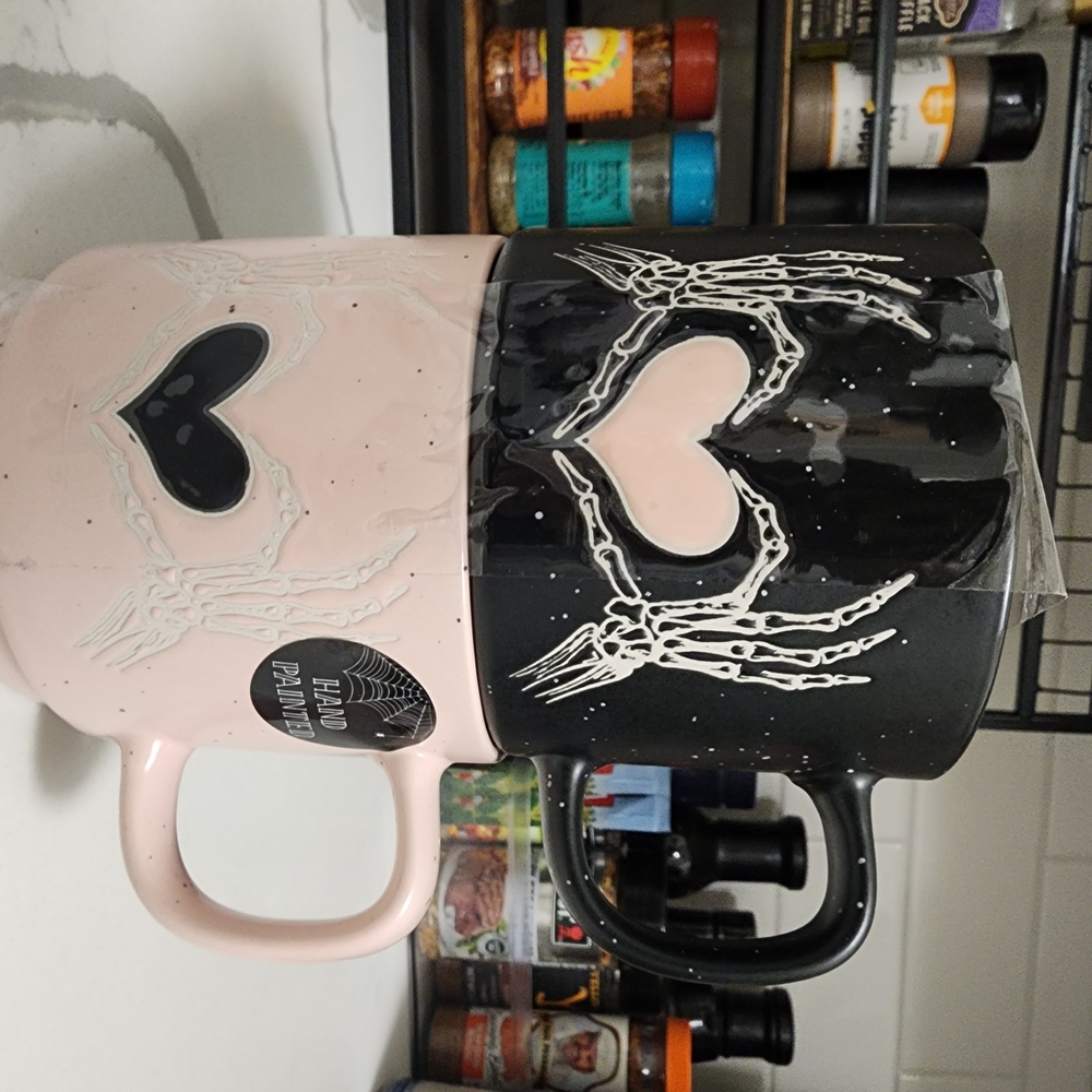 Black and Pink Heart Skeleton Mugs